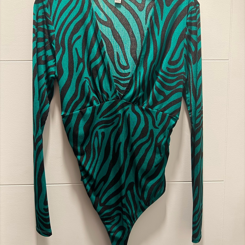 Bar III Green and Black Zebra Print Bodysuit